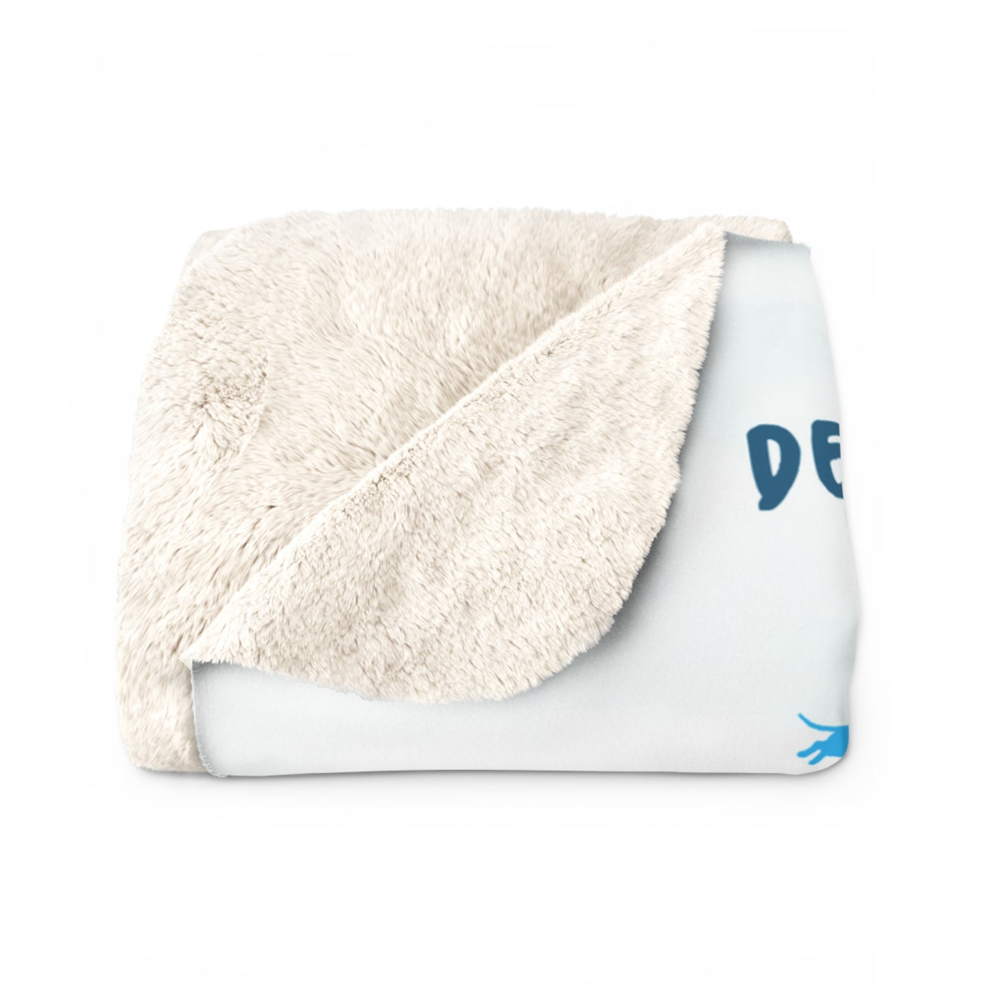 A folded blanket with text that lists qualities of a devoted dachshund mom, decorated with illustrations of dachshunds, flowers, and a fence.