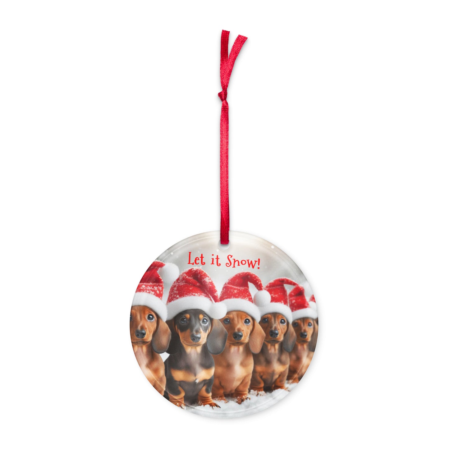round acrylic Christmas ornament with dachshunds in Santa hats