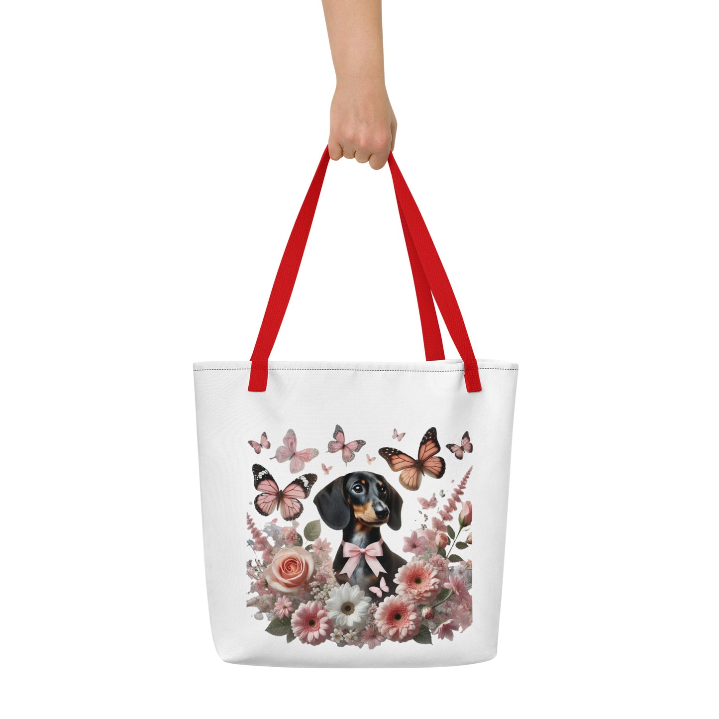 Large polyester tote bag with dachshund among flowers graphic - red