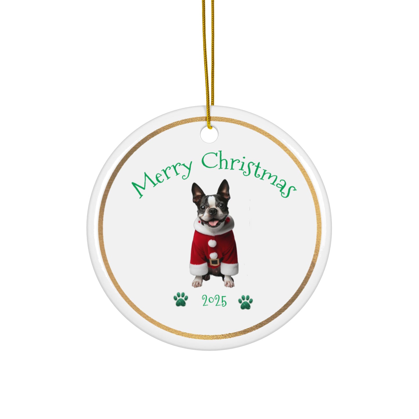 Round ceramic Christmas ornament with boxer dog in a Santa suit