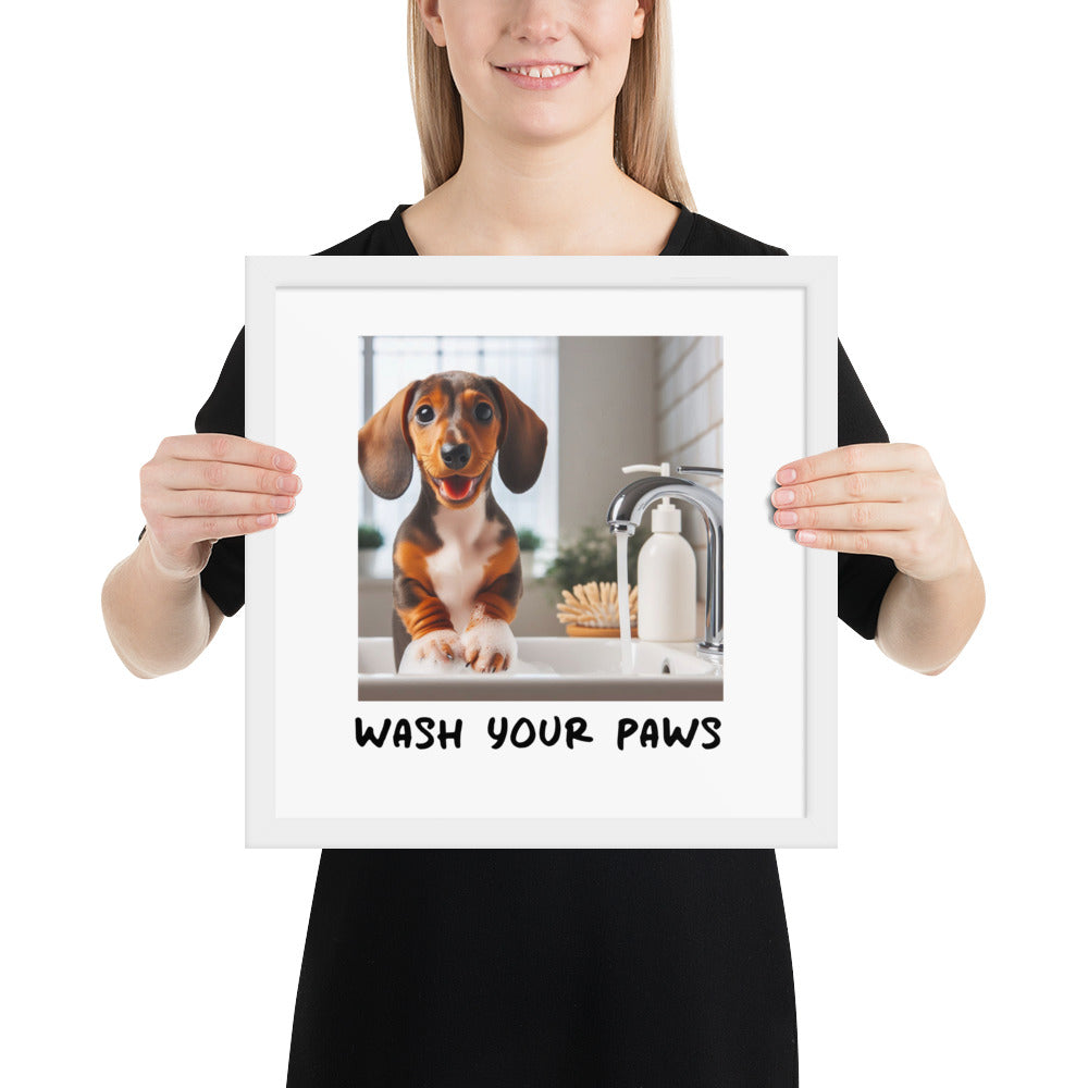Wash your paws framed art print - 14 x 14" white wood frame