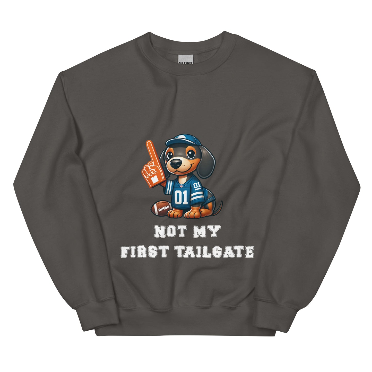 Charcoal gray sweatshirt with dachshund and "Not my first tailgate"