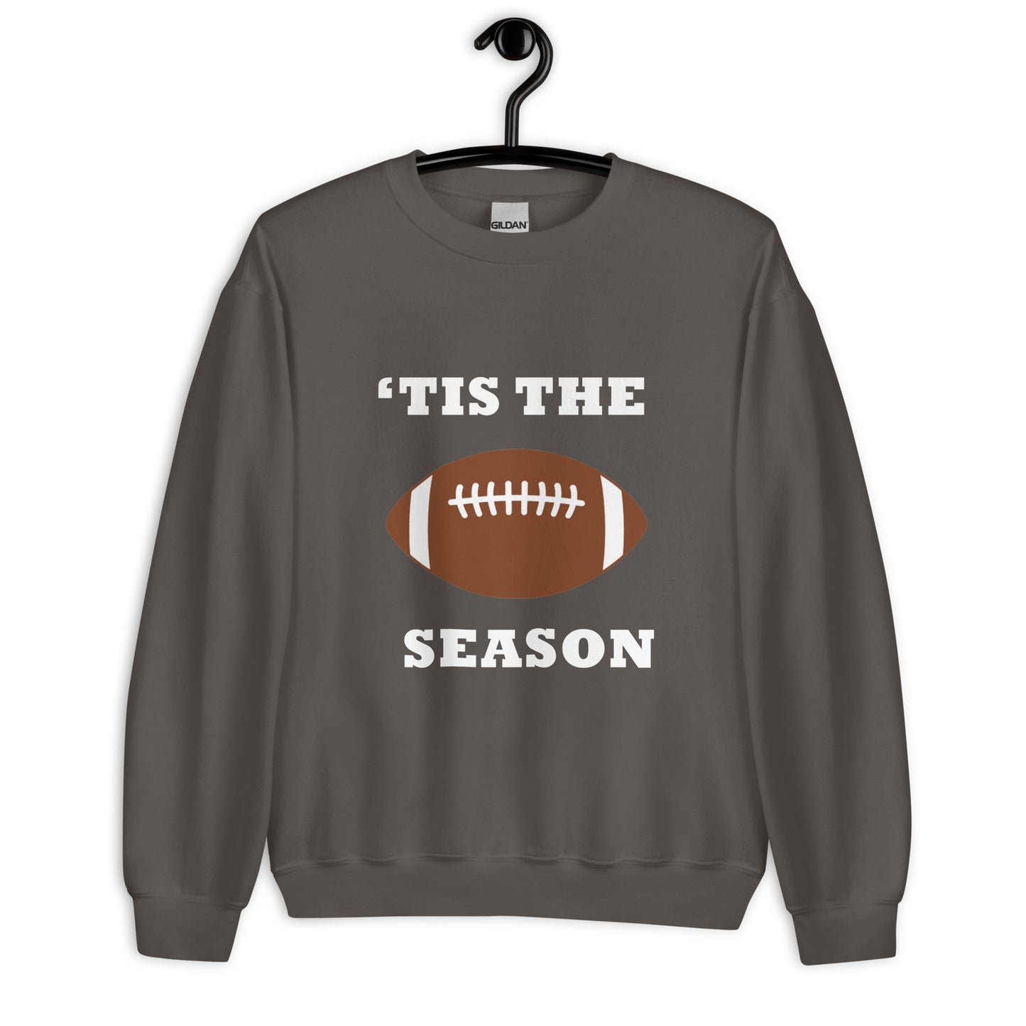 Gray unisex sweatshirt with football and "'tis the season"