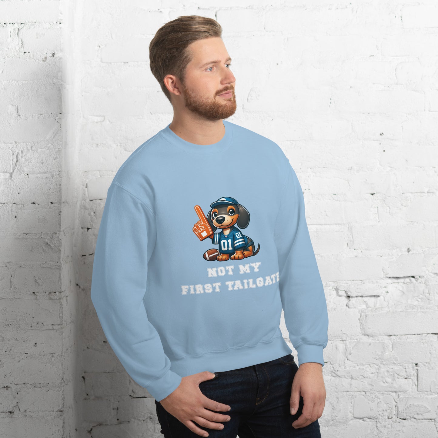 Light blue unisex sweatshirt with dachshund and "Not my first tailgate"