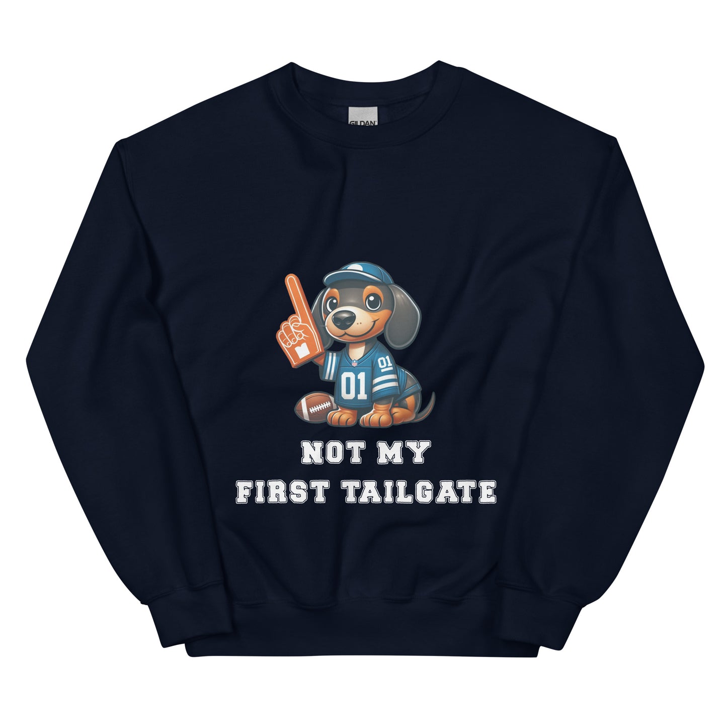 Navy Blue sweatshirt with dachshund and "Not my first tailgate"