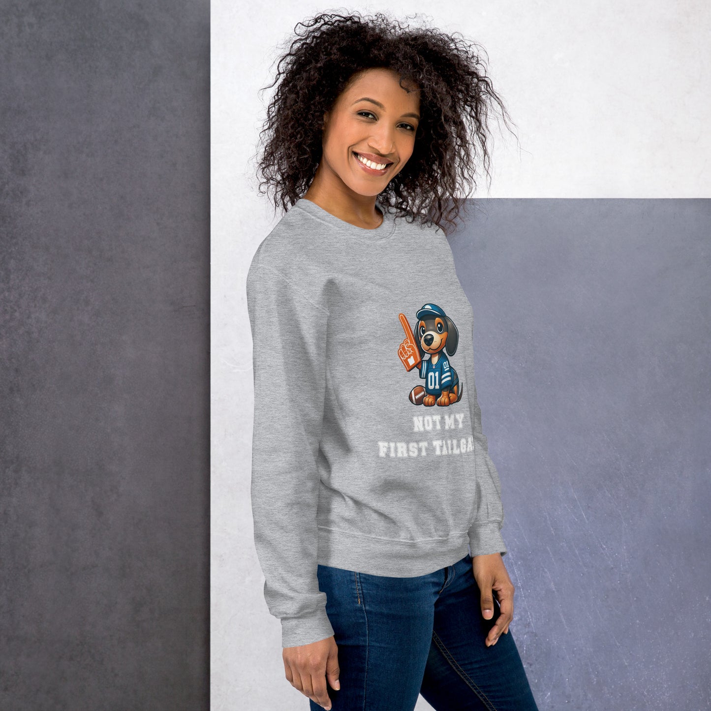 Light gray unisex sweatshirt with dachshund and "Not my first tailgate"