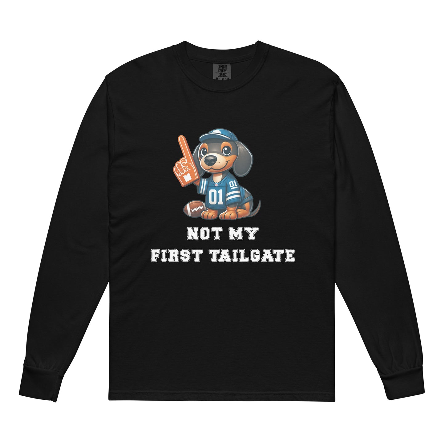 Black long-sleeve shirt with a dachshund graphic and "not my first tailgate"