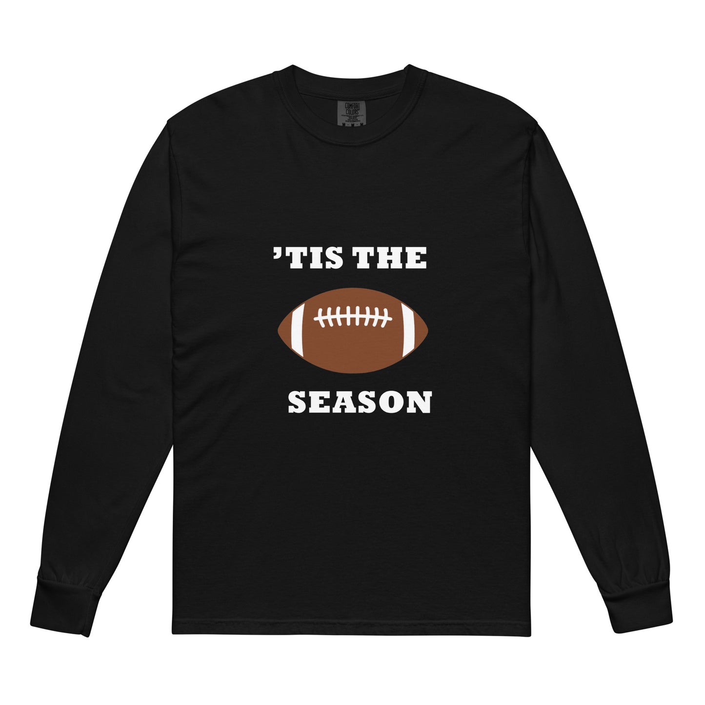 Black long-sleeve shirt with football graphic and 'TIS THE SEASON