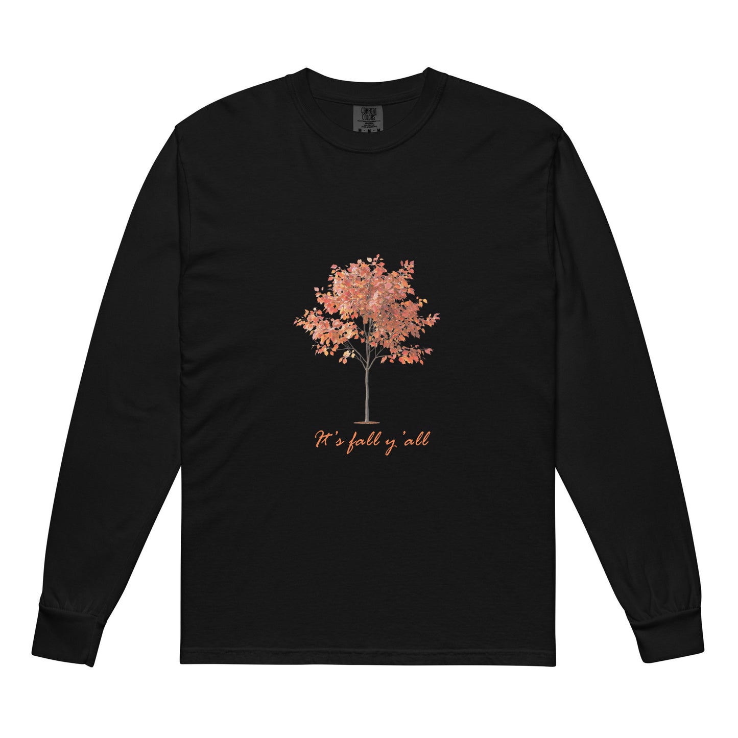 Black long-sleeve shirt with a tree graphic and"It's fall, y'all"