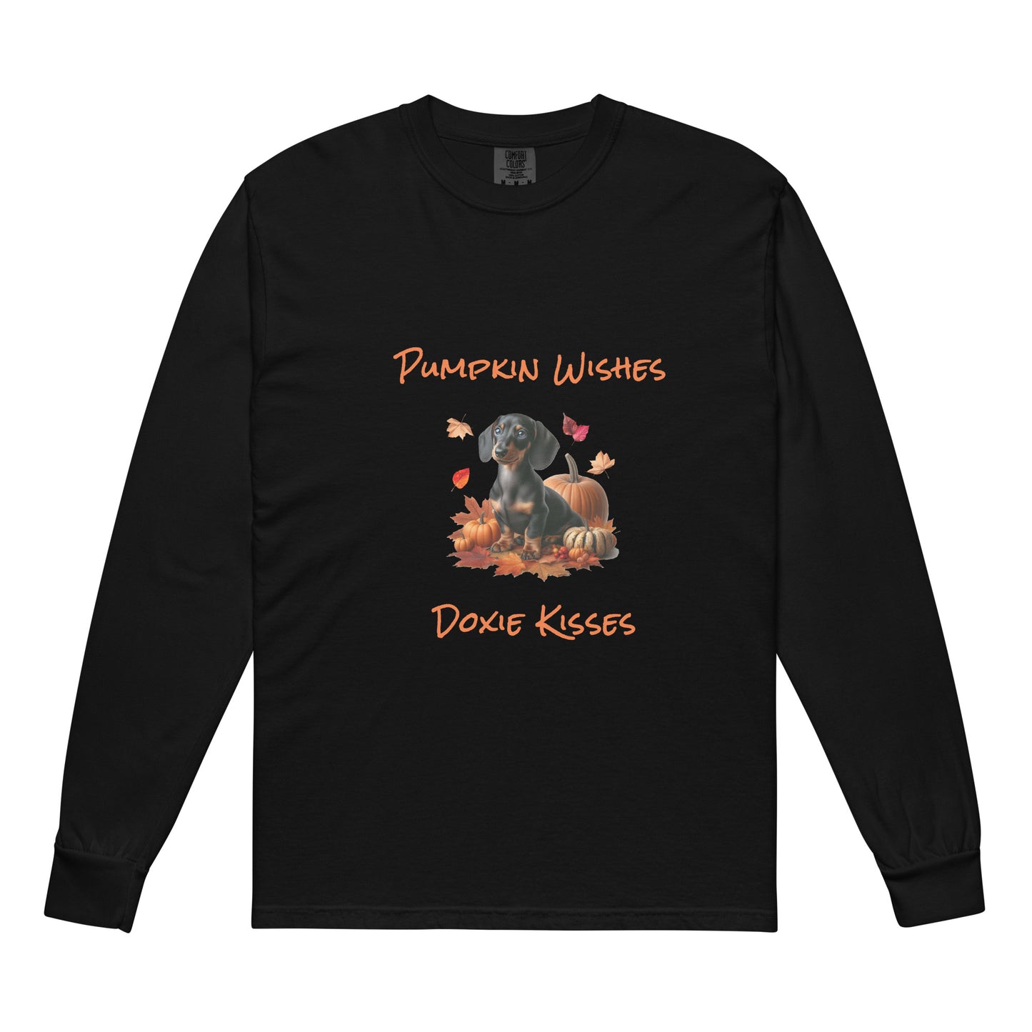 Black long sleeve t-shirt with a dachshund surrounded by autum leaves and pumpins, "Pumpkin Wishes Doxie Kisses"