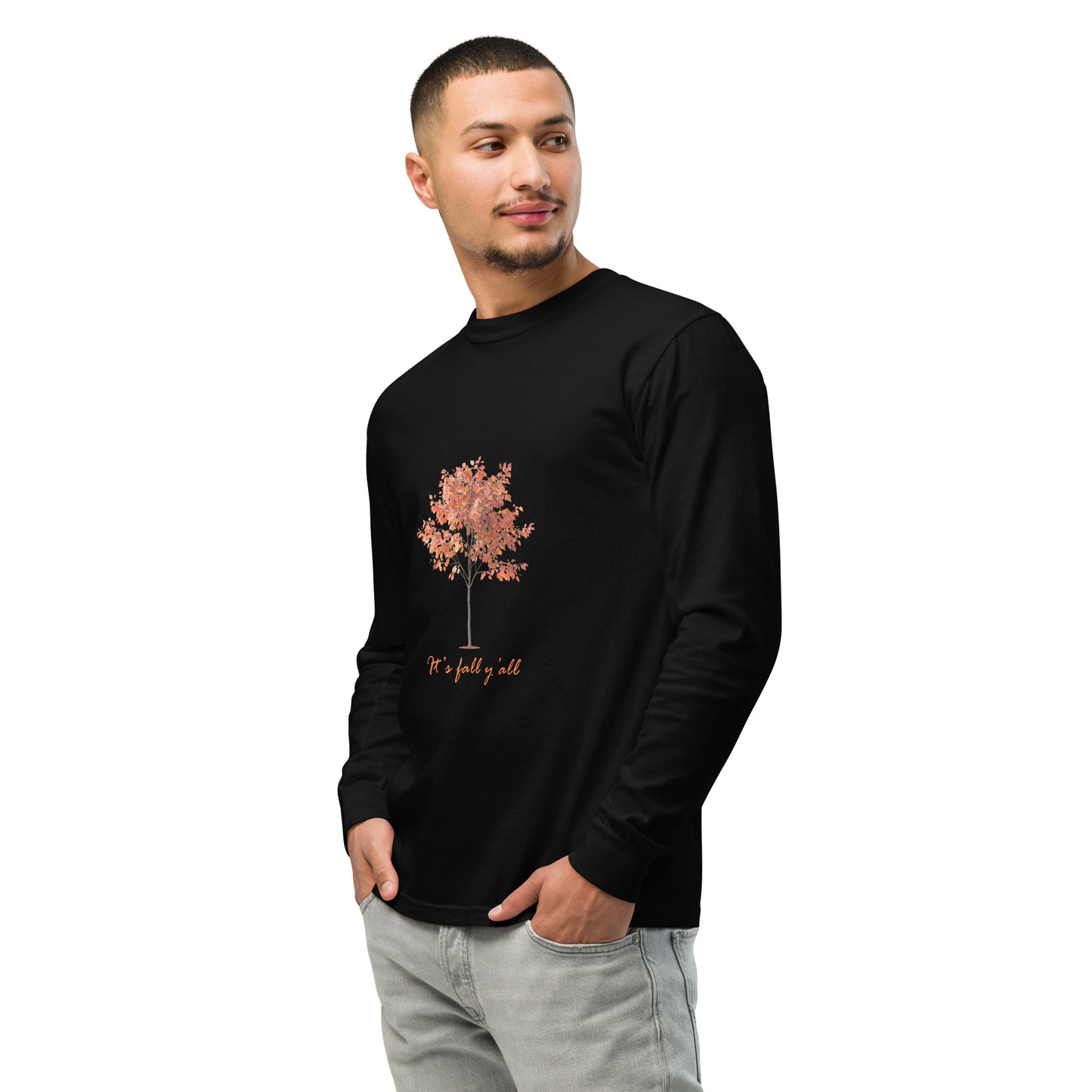 Black long-sleeve shirt with a tree graphic and"It's fall, y'all"