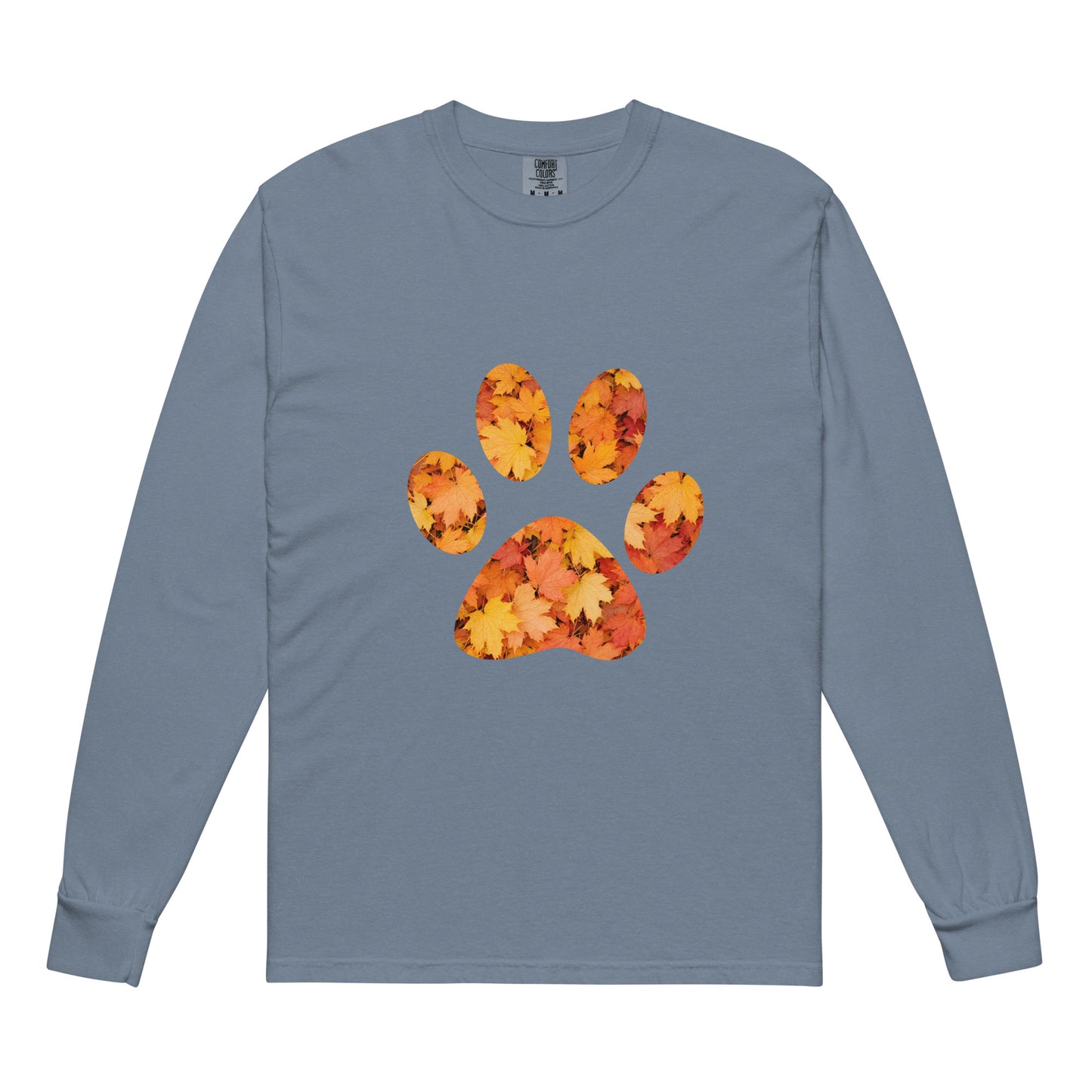 Light blue long-sleeve shirt with autumn leaves paw print design