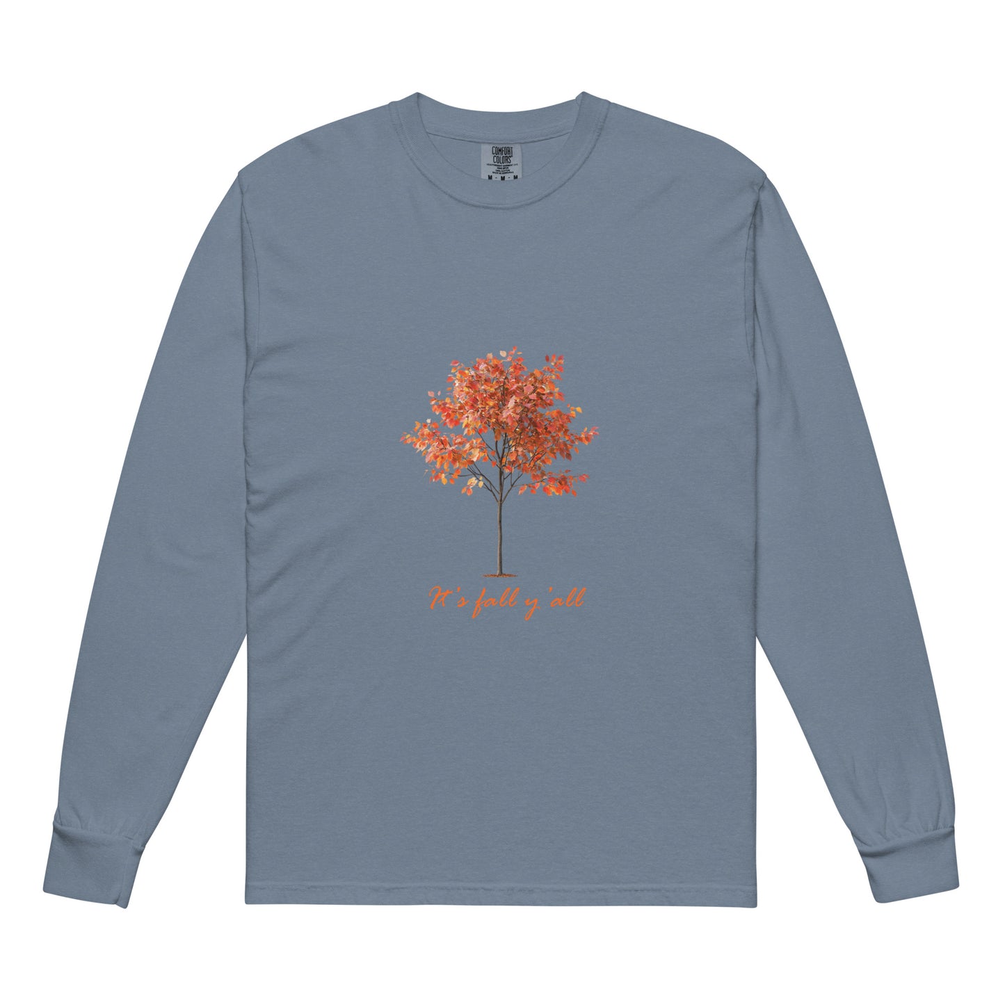 Light Blue long-sleeve shirt with a tree graphic and"It's fall, y'all"