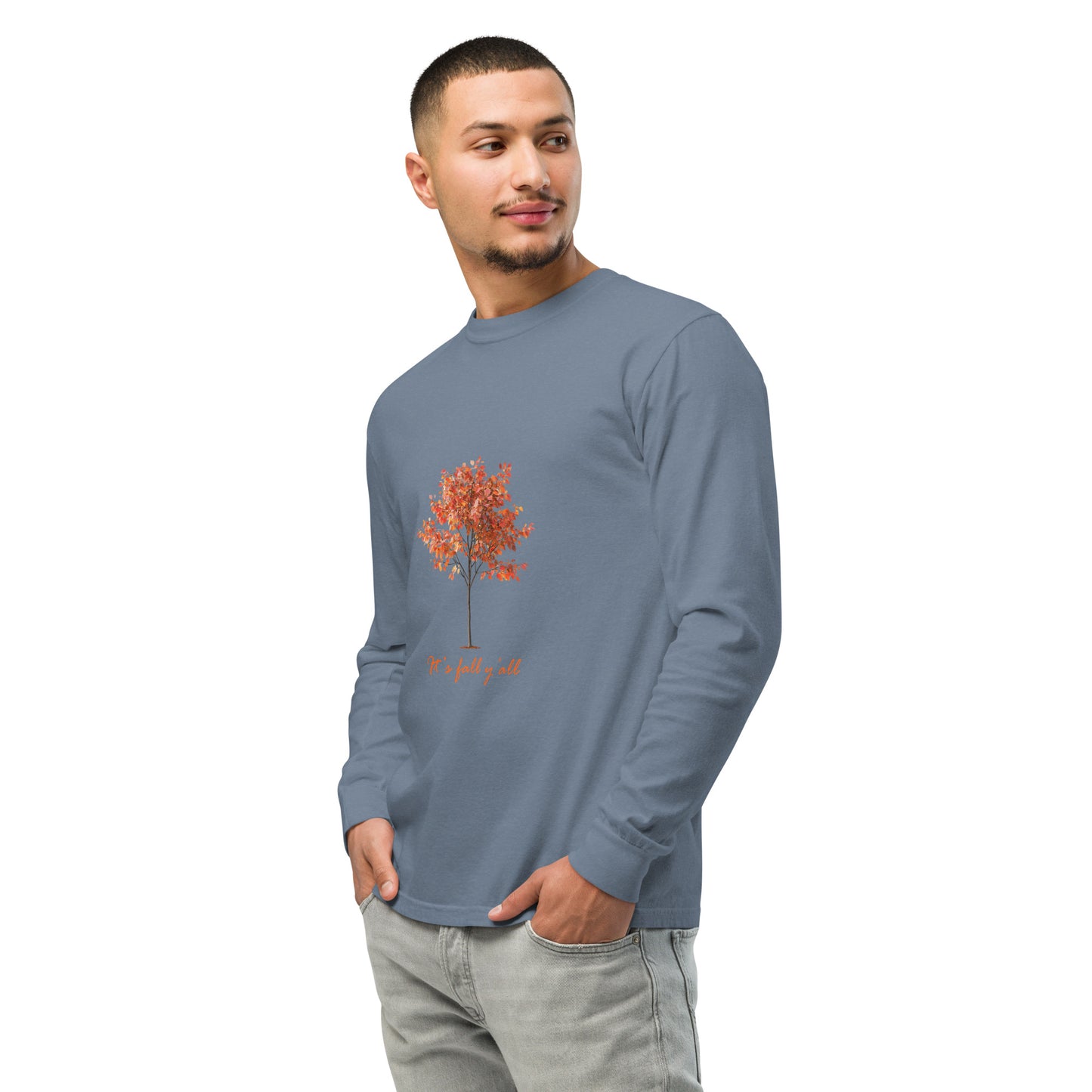 Blue long-sleeve shirt with a tree graphic and"It's fall, y'all"