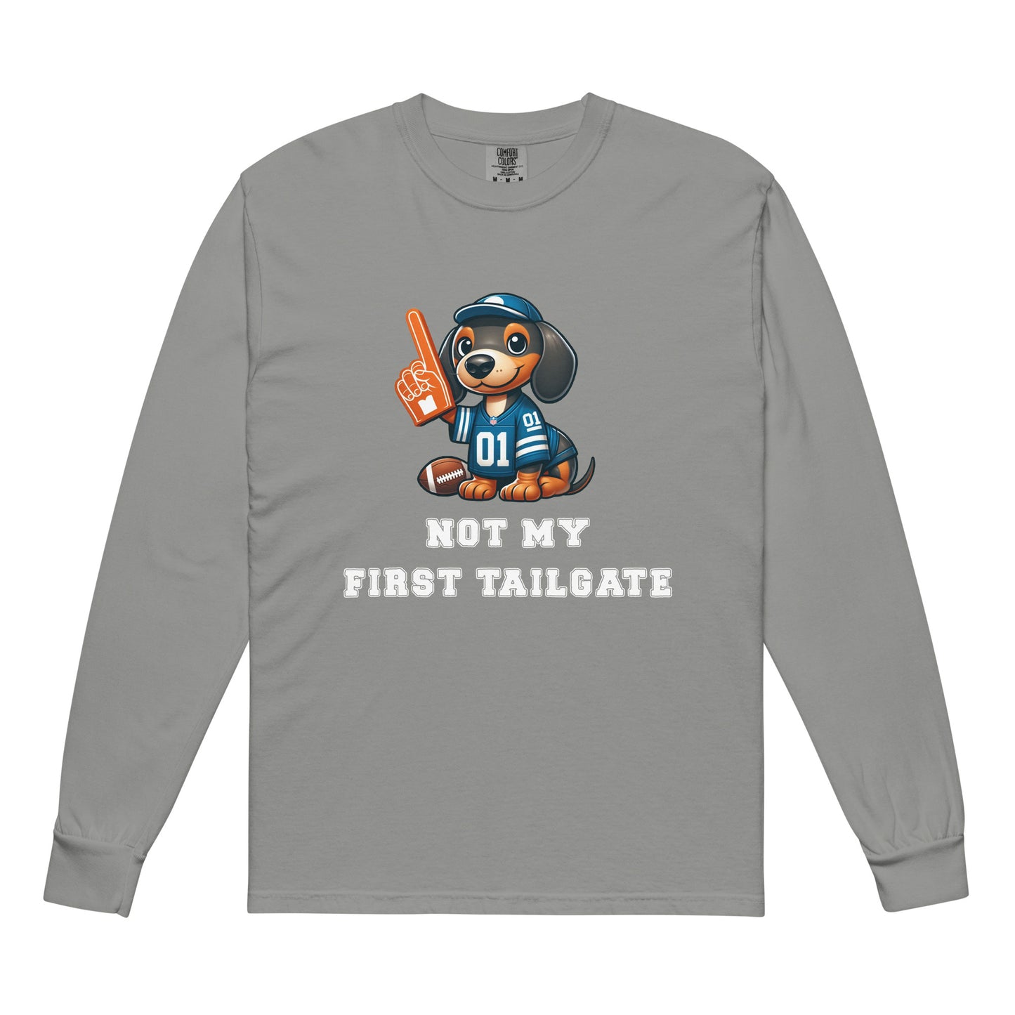 Gray long-sleeve shirt with a dachshund graphic and "not my first tailgate"