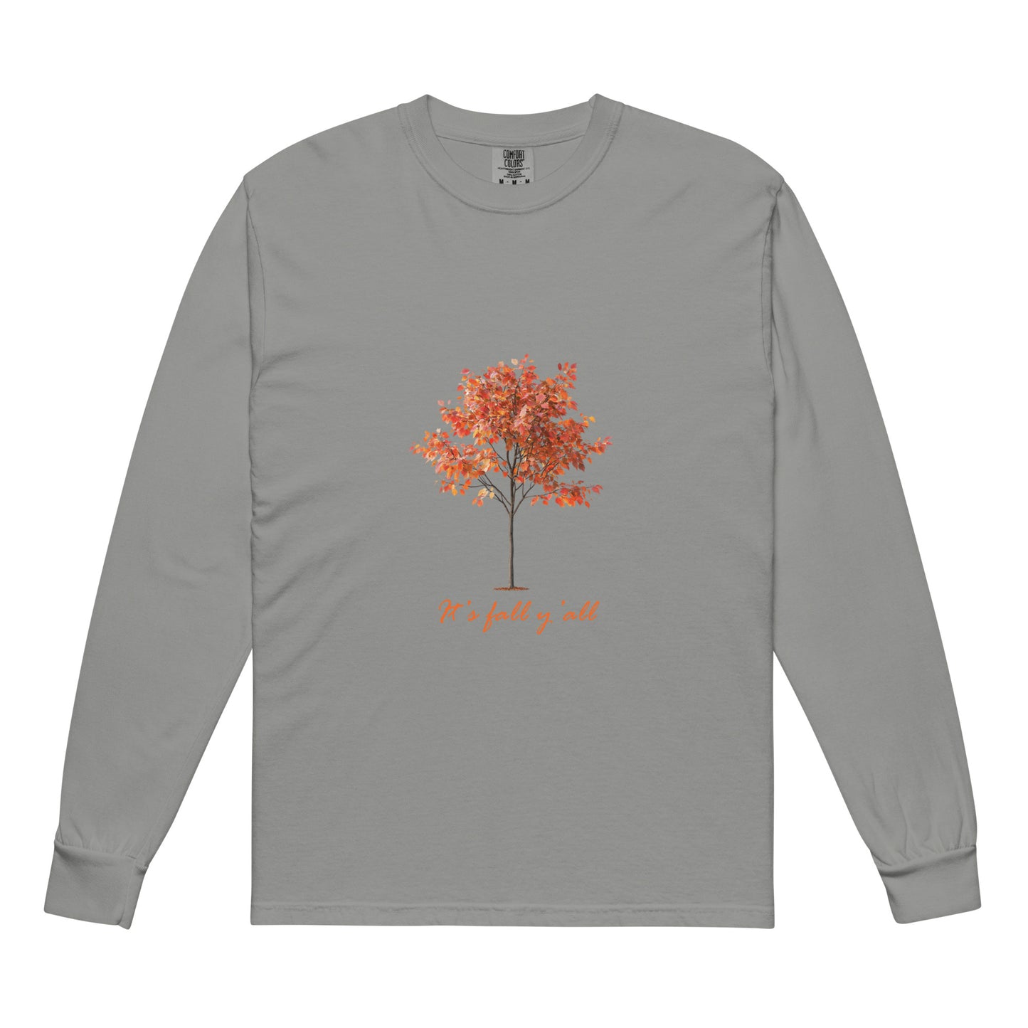 Gray long-sleeve shirt with a tree graphic and"It's fall, y'all"