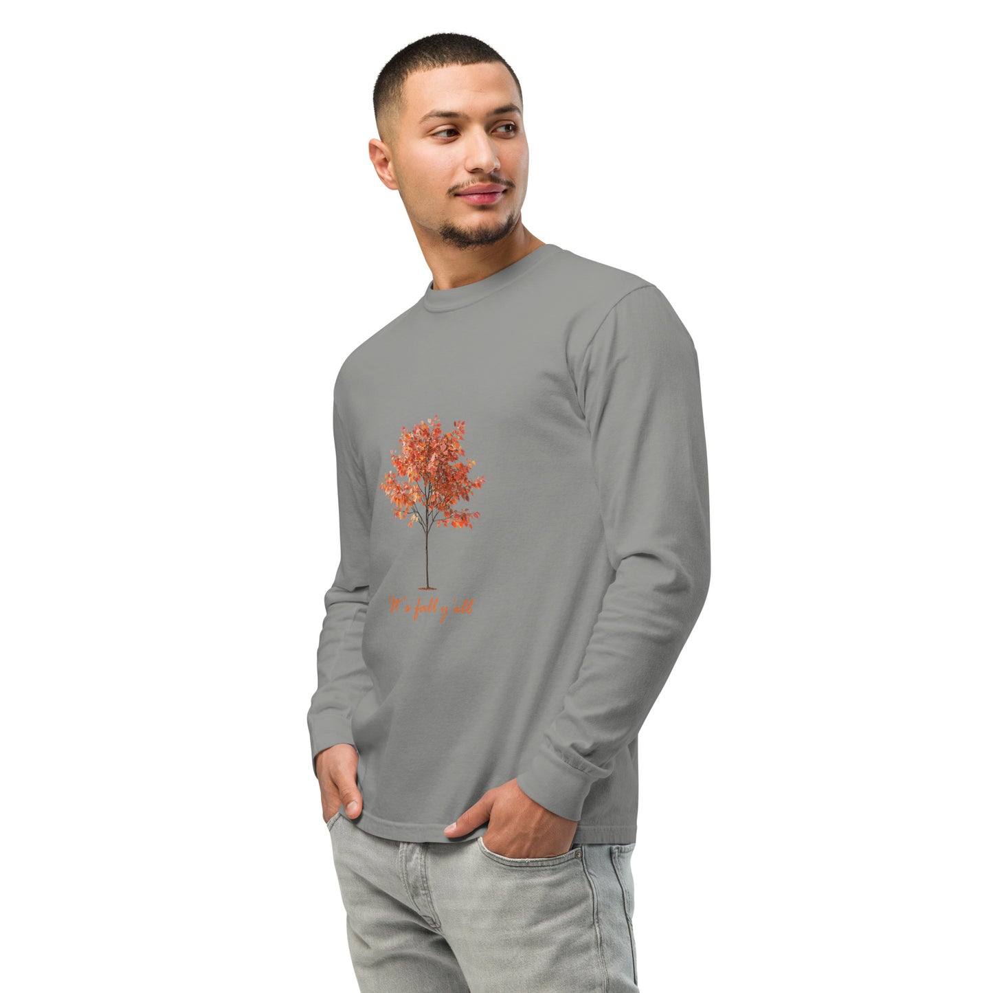Gray long-sleeve shirt with a tree graphic and"It's fall, y'all"