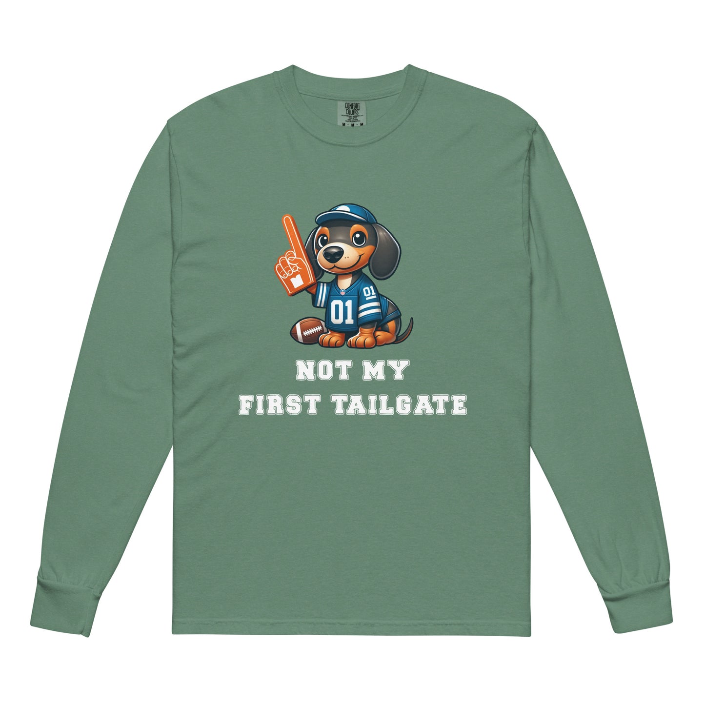 Green long-sleeve shirt with a dachshund graphic and "not my first tailgate"