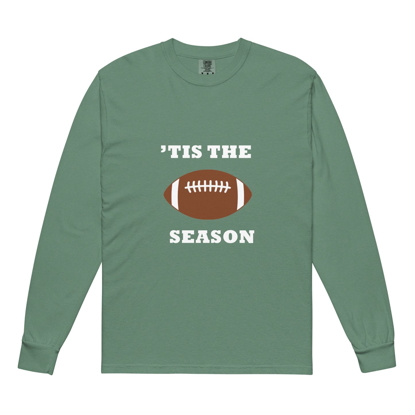 Green long-sleeve shirt with football graphic and 'TIS THE SEASON