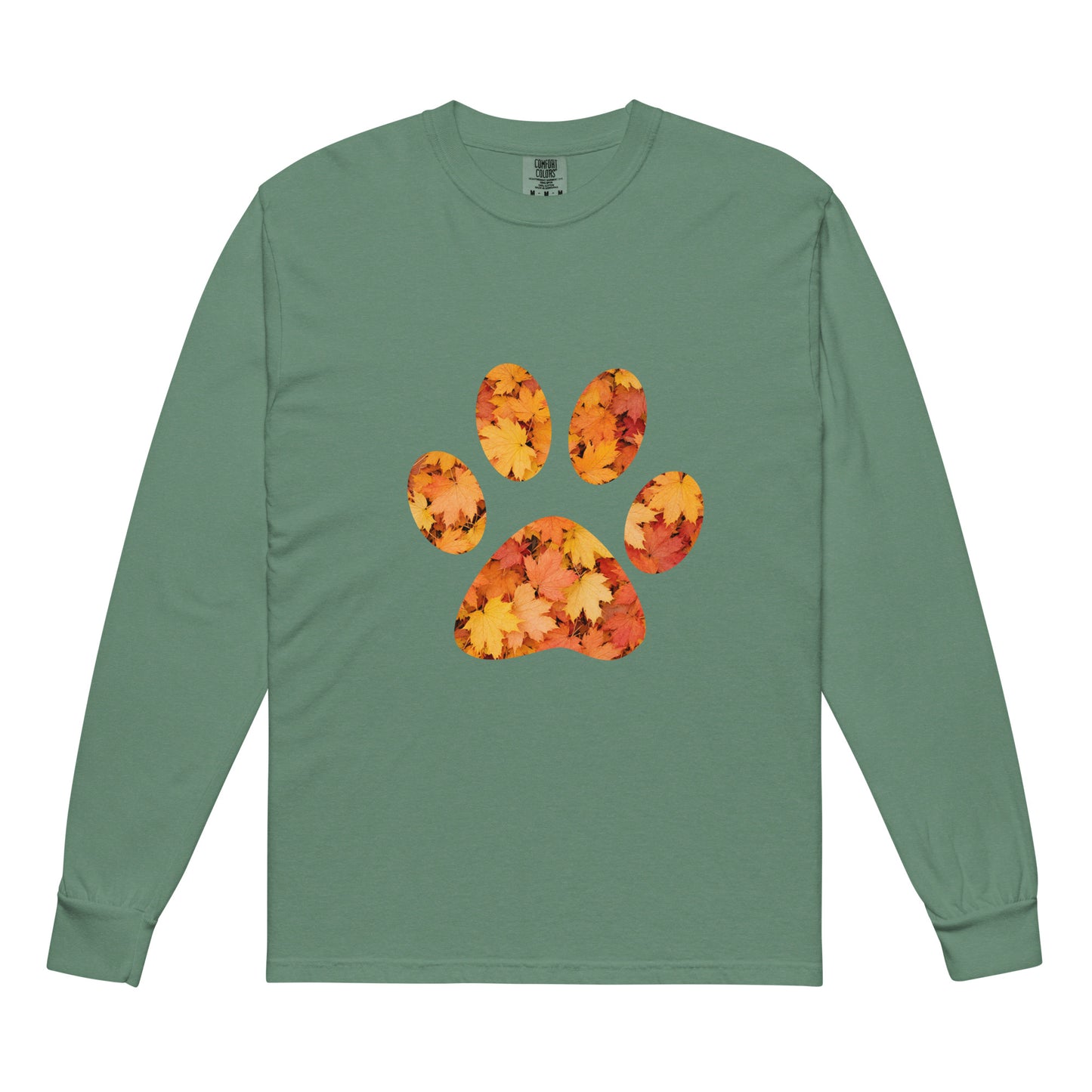 Green long-sleeve shirt with autumn leaves paw print design