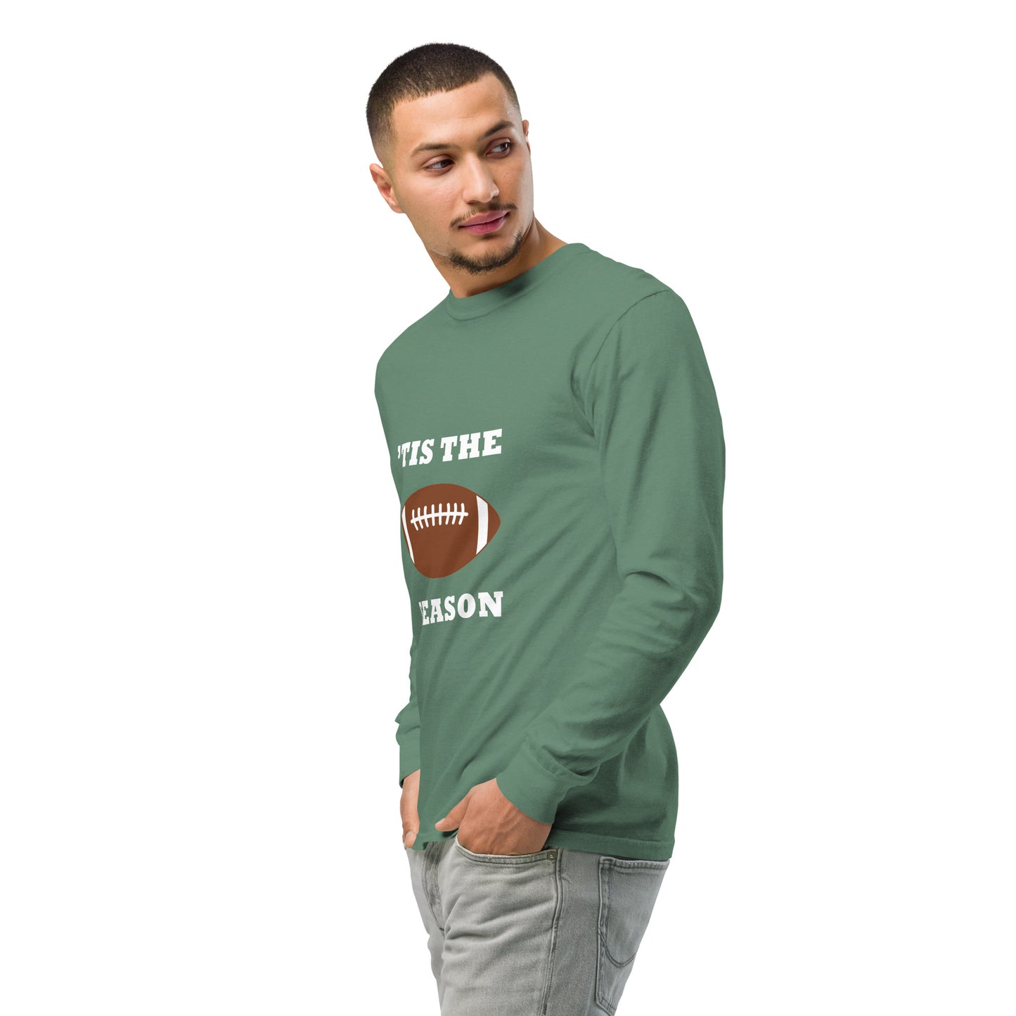 Green long-sleeve shirt with football graphic and 'TIS THE SEASON