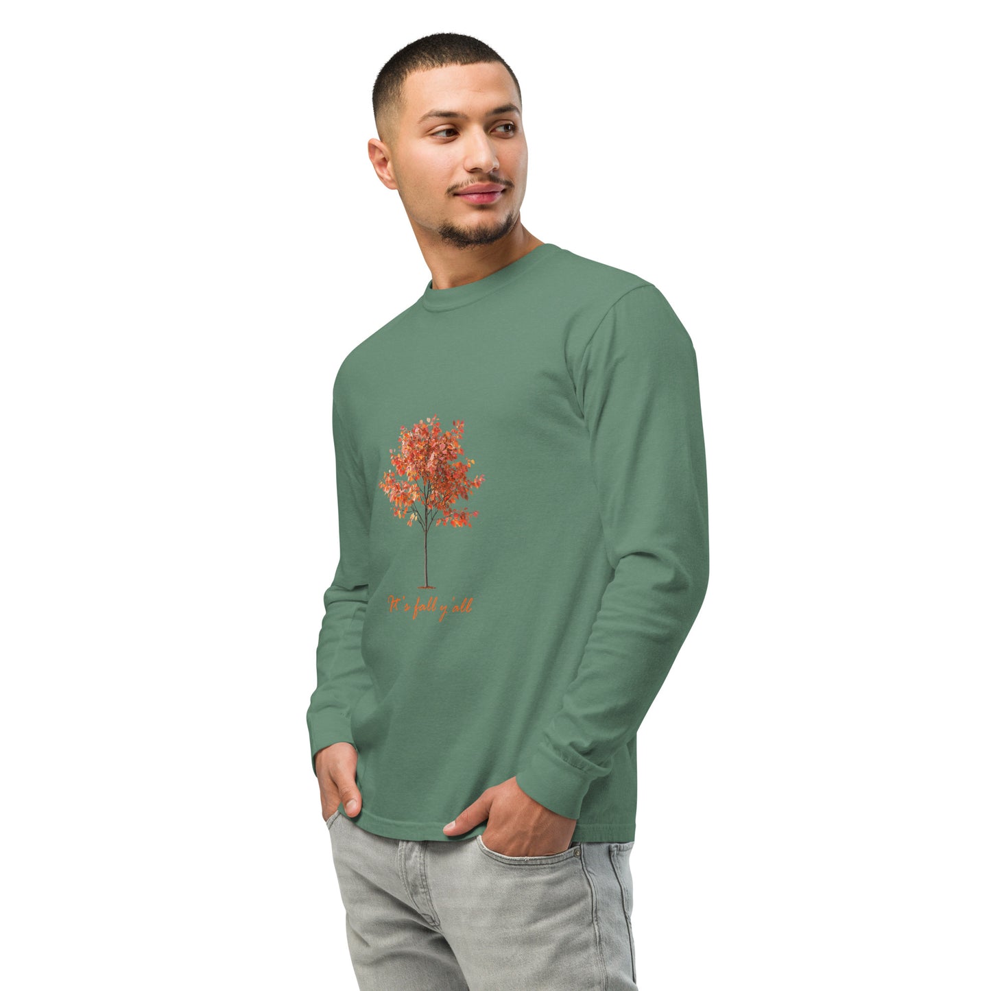 Green long-sleeve shirt with a tree graphic and"It's fall, y'all"