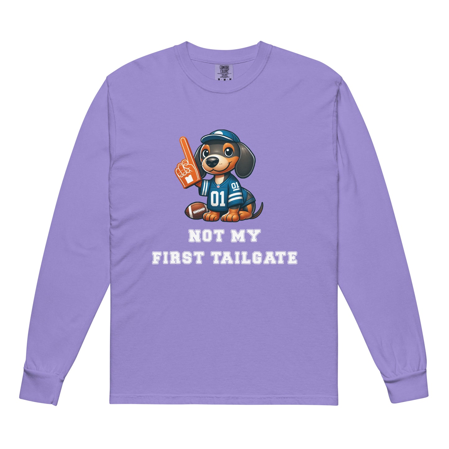 Purple long-sleeve shirt with a dachshund graphic and "not my first tailgate"