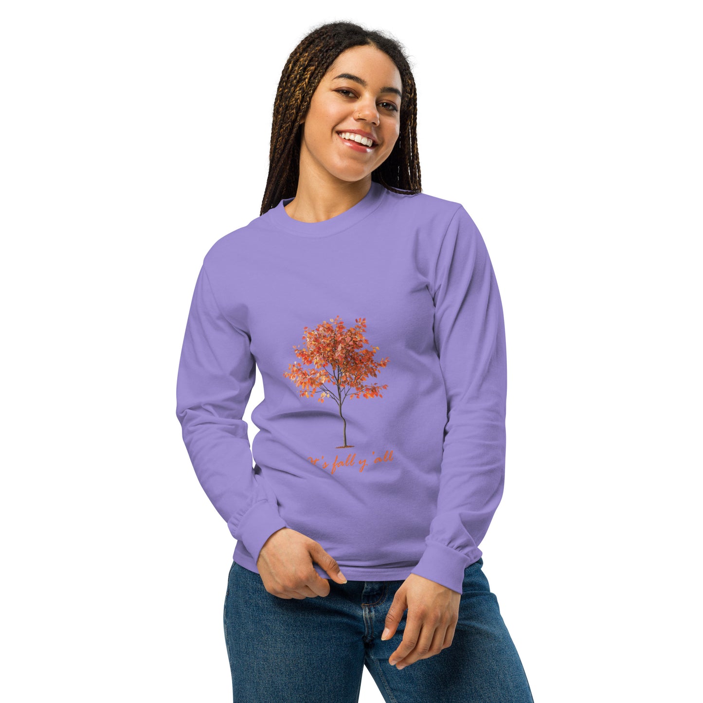 Purple long-sleeve shirt with a tree graphic and"It's fall, y'all"