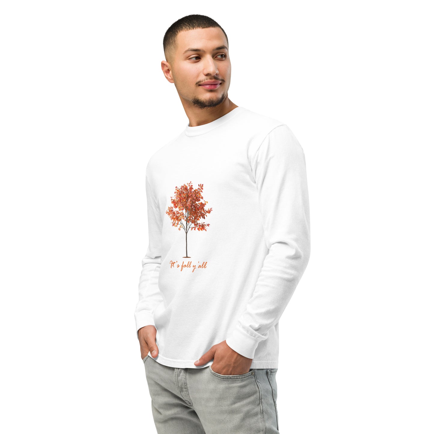White long-sleeve shirt with a tree graphic and"It's fall, y'all"