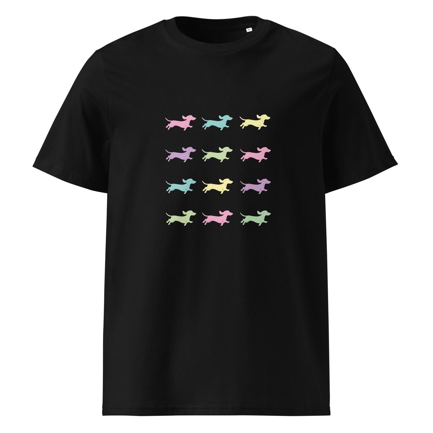 Black unisex organic cotton t-shirt with Dachshunds in assorted colors - Sizes S-5xl