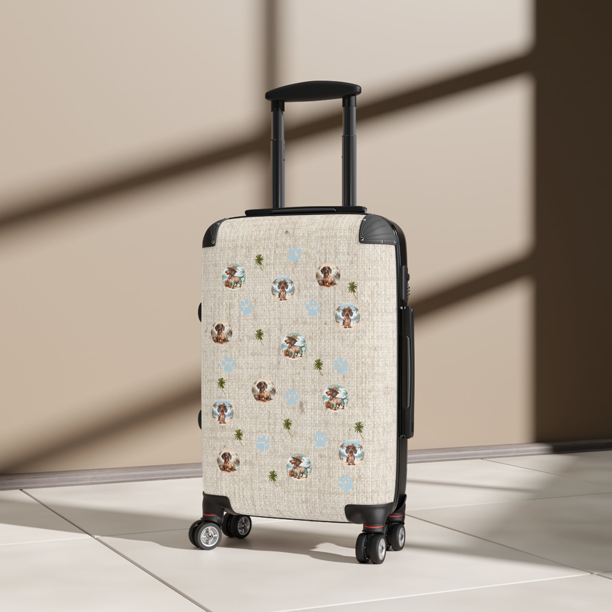 Brown linen with dachshunds graphic carry-on suitcase