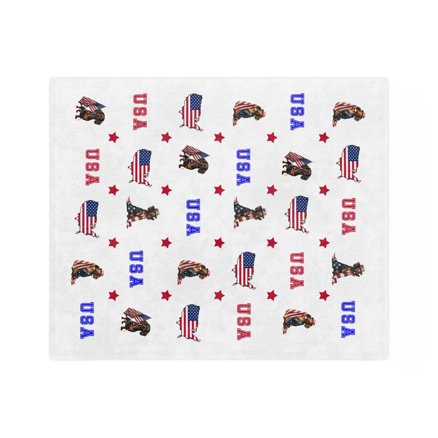 White velveteen balnket with red, white, and blue USA-themed designs including dogs and flags.