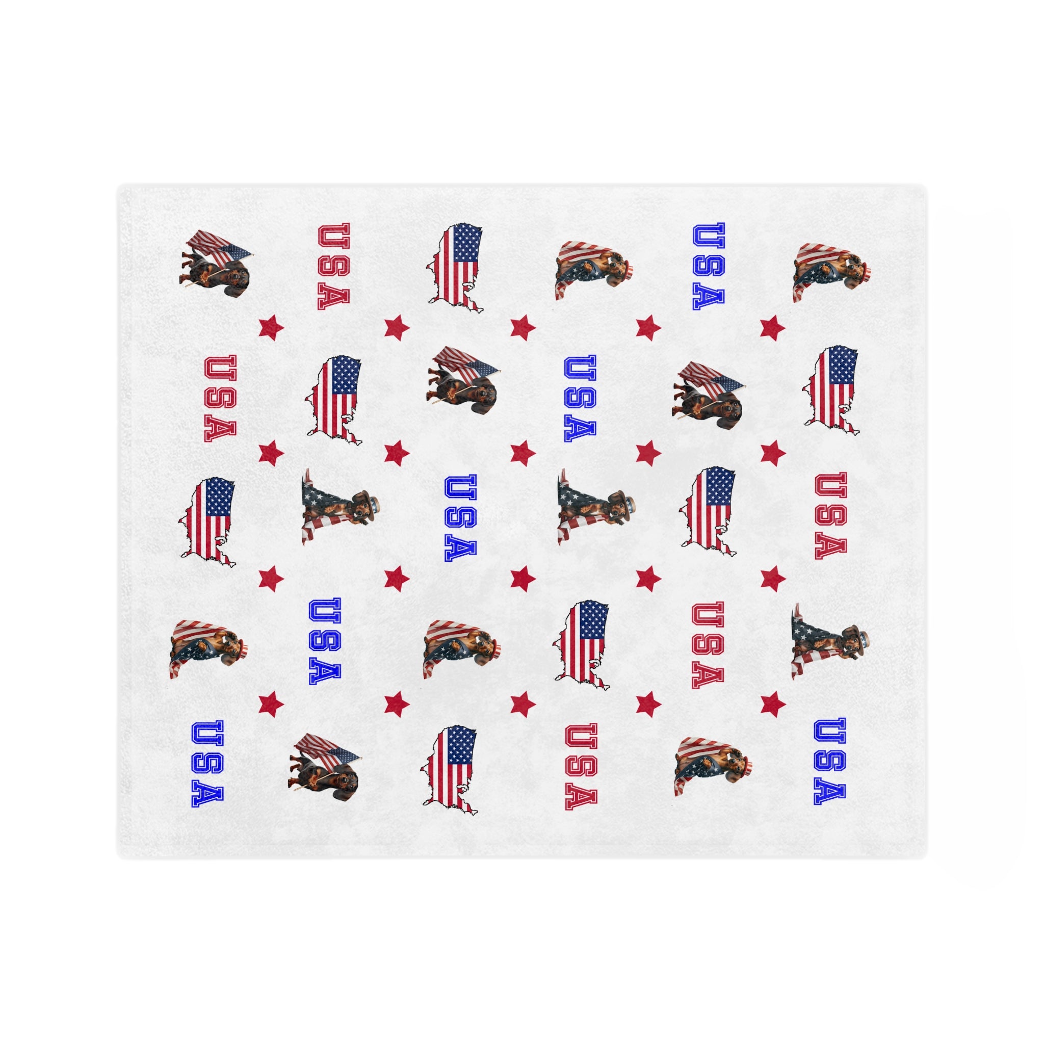 White velveteen balnket with red, white, and blue USA-themed designs including dogs and flags.