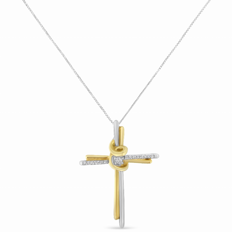 10K White and Yellow Gold 1/15 carat TW Diamond Cross Pendant Necklace