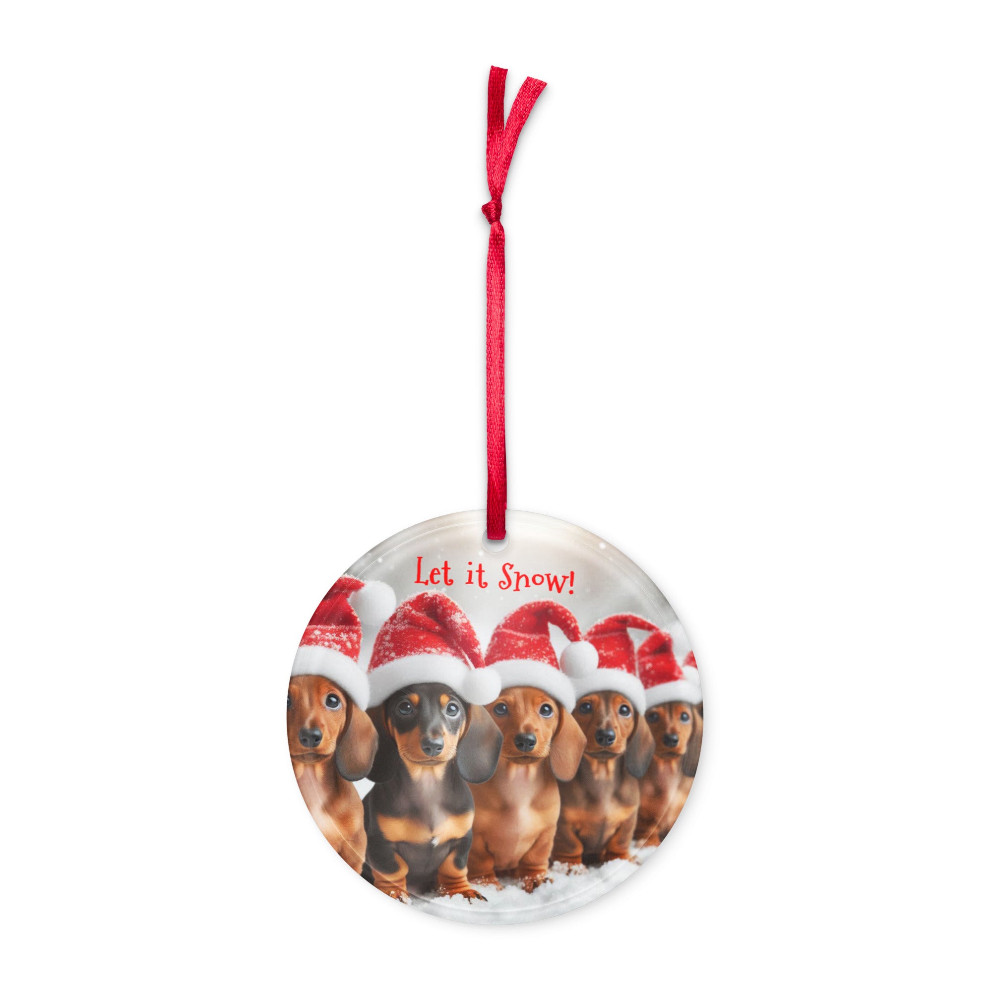 round acrylic Christmas ornament with dachshunds in Santa hats