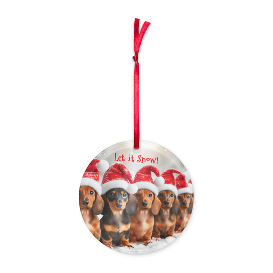 round acrylic Christmas ornament with dachshunds in Santa hats