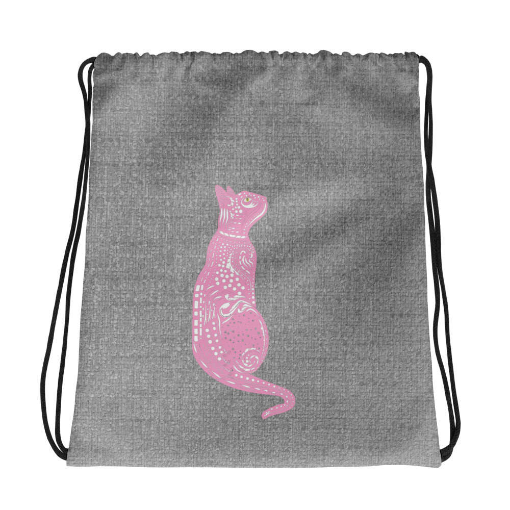 Polyester drawstring bag with pink abstract cat