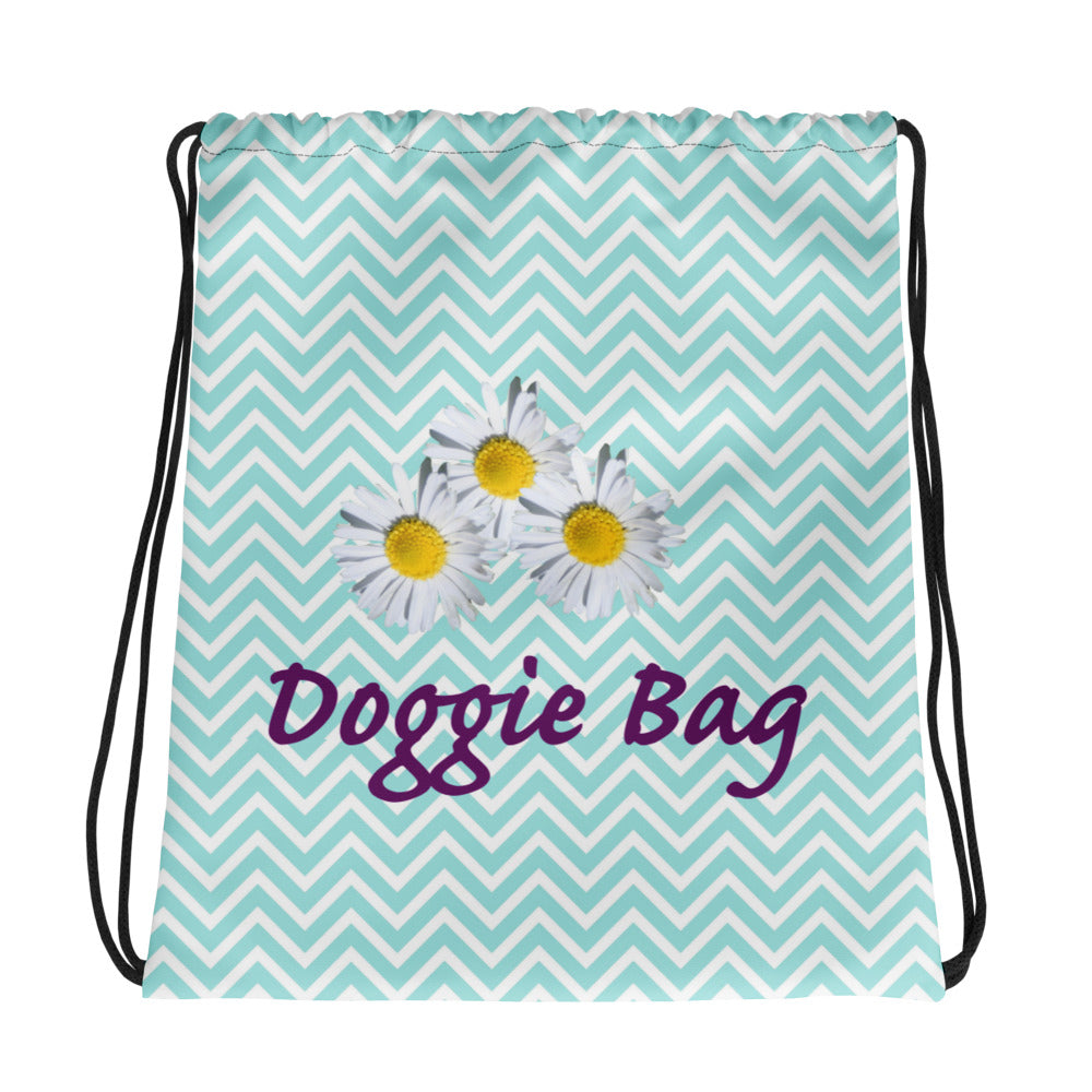 polyester drawstring bag with &quot;Doggie Bag&quot; and daisy decoration. side 2