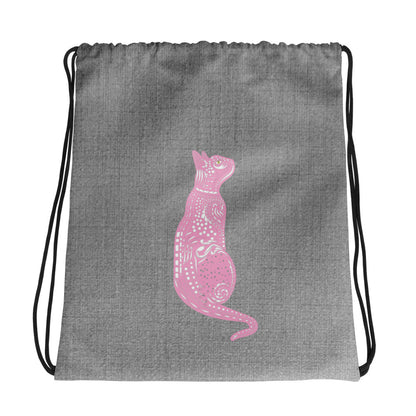 Polyester drawstring bag with pink abstract cat