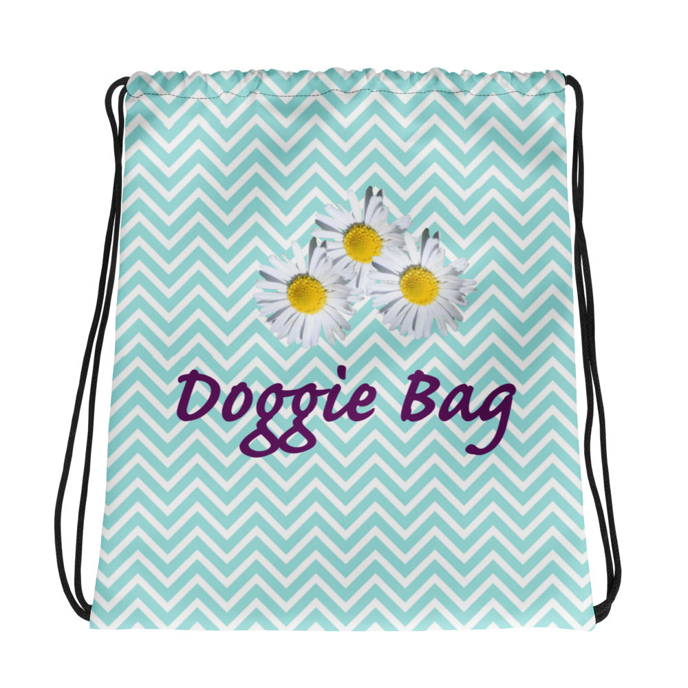 polyester drawstring bag with &quot;Doggie Bag&quot; and daisy decoration