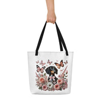 Large polyester tote bag with dachshund among flowers graphic - black