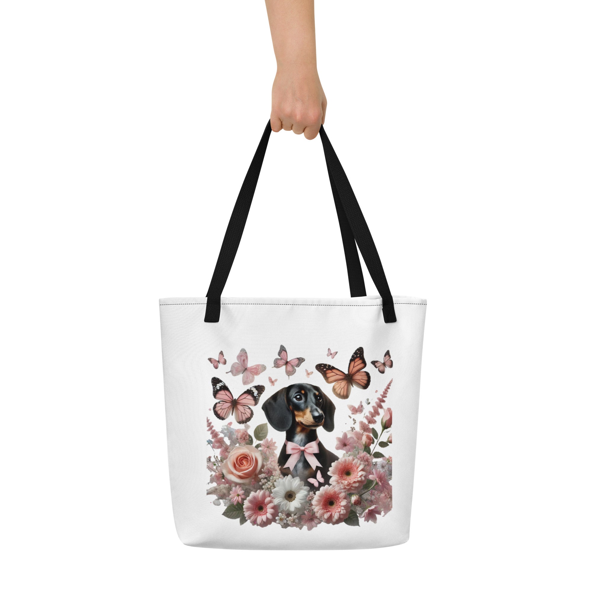 Large polyester tote bag with dachshund among flowers graphic - black