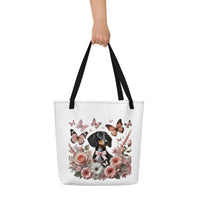 Large polyester tote bag with dachshund among flowers graphic - black