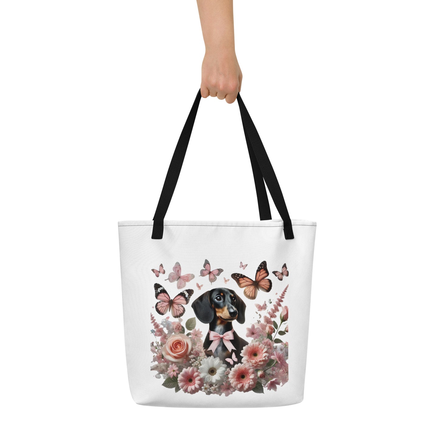 Large polyester tote bag with dachshund among flowers graphic - black