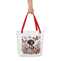 Large polyester tote bag with dachshund among flowers graphic - red