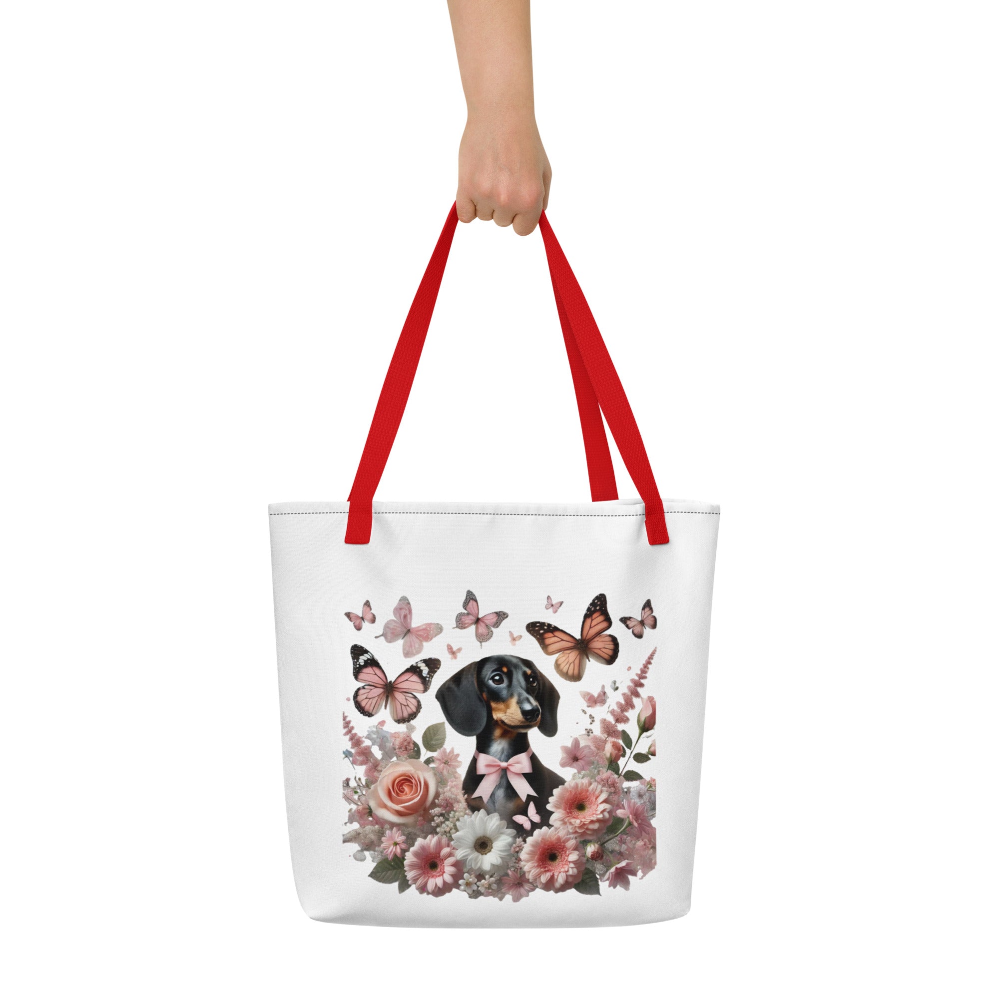 Large polyester tote bag with dachshund among flowers graphic - red