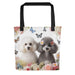 2 miniature poodles with folowers and butterflies on a tote bag