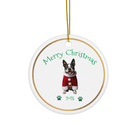 Round ceramic Christmas ornament with boxer dog in a Santa suit