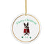Round ceramic Christmas ornament with boxer dog in a Santa suit