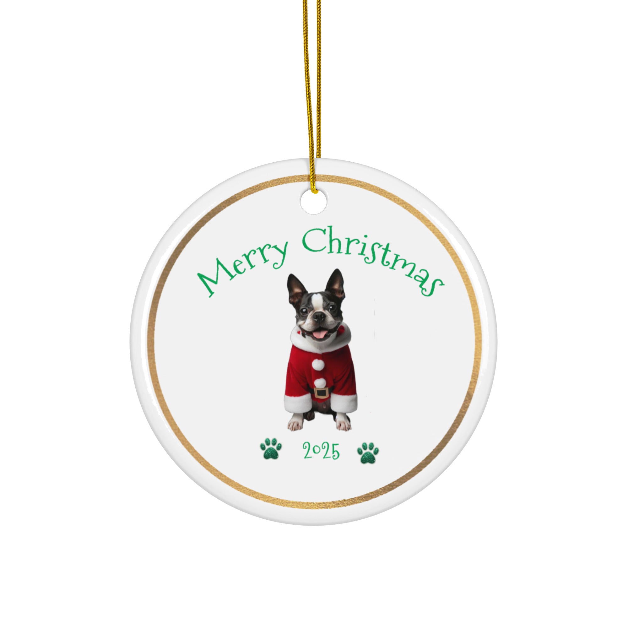 Round ceramic Christmas ornament with boxer dog in a Santa suit